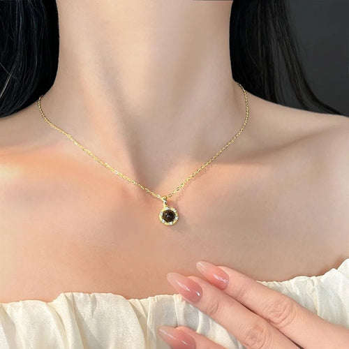 18K Gold Plated Copper Tiger Eye Natural Stone Zircon Round Geometric Vintage Necklace