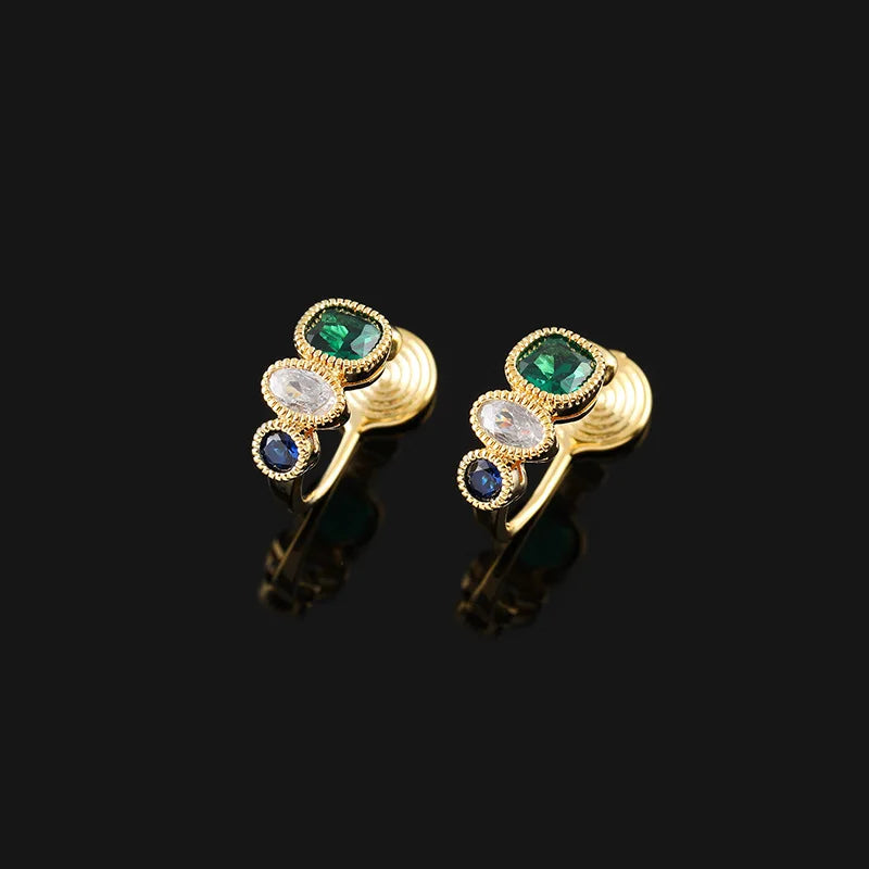 Elegant French Contrast Green Zircon Gold Alloy Spiral Coil Hoop Stud & Clip On No Piercing Earrings