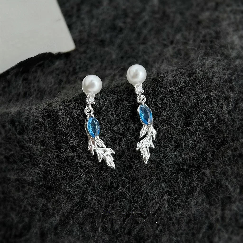 Copper Zircon Pearl Goldfish Drop Earrings Minimalist Elegant Jewelry