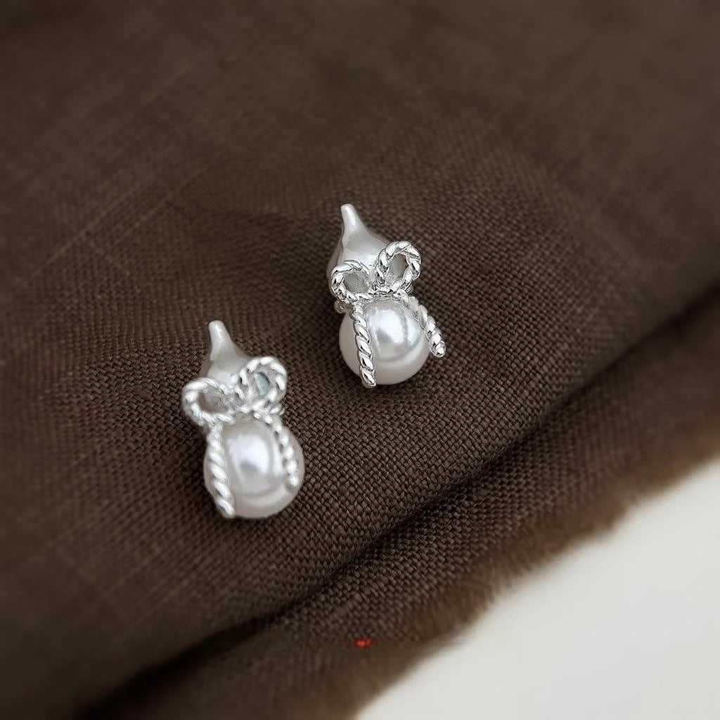 Original Design Copper Gourd Bowknot Stud Earrings Silver Plated Pin Minimalist Commuter Jewelry