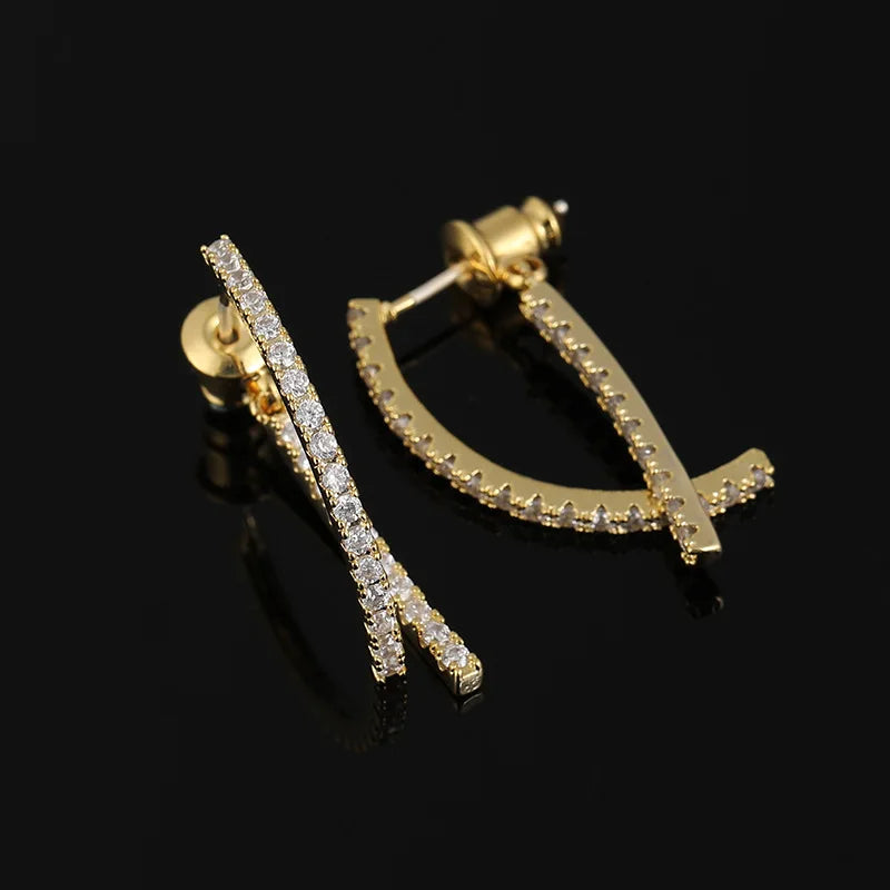 Elegant Gold Alloy Zircon Spiral Disc Cross Drop Stud & Clip On No Piercing French Slim Earrings