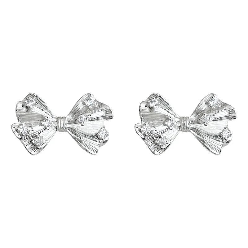 Silver Plated Copper Micro Pave Zircon Bow Stud Earrings Sweet Minimalist Geometric Jewelry