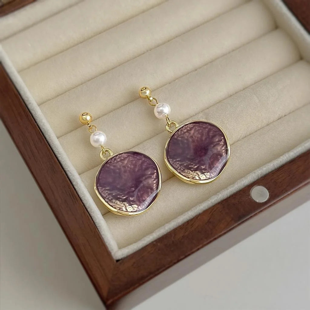 Original Designer Copper Enamel Purple Gradient Round Geometric Drop Earrings For Women