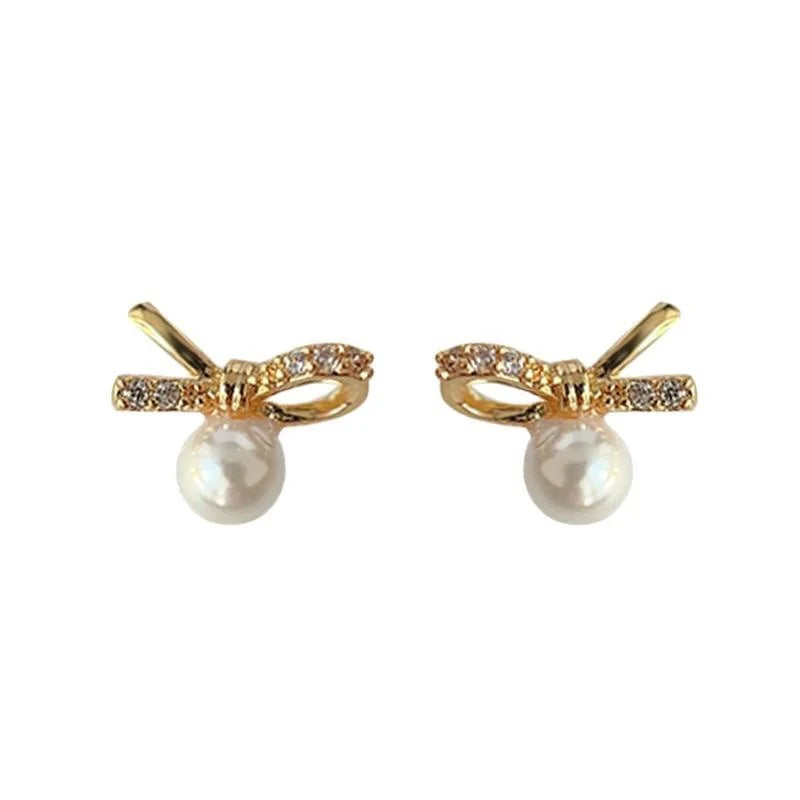 14K Plated Copper Mini Bow Pearl Stud Earrings Micro Pave Zircon Daily Versatile Jewelry