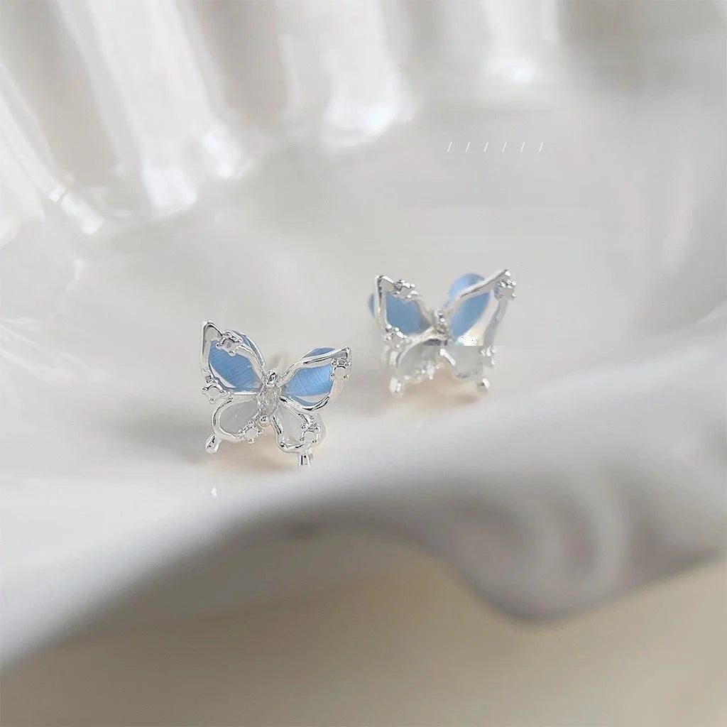 2025 Summer Sweet Cool Blue Glass Cat Eye Zircon Micro Pave 3D Butterfly Stud Earrings