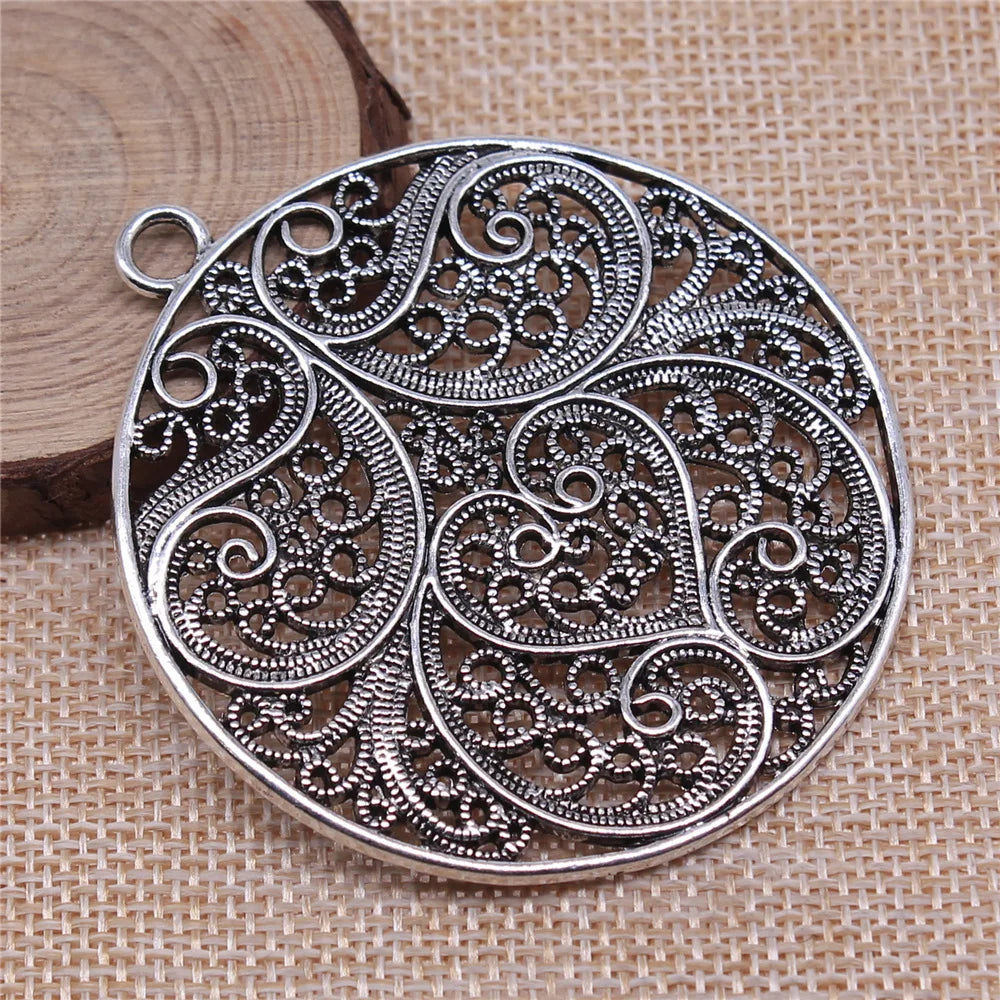 60x60mm 21.5g Antique Silver Zinc Alloy Round Openwork Flower Hollow Charm Pendant for Necklace Bracelet Making