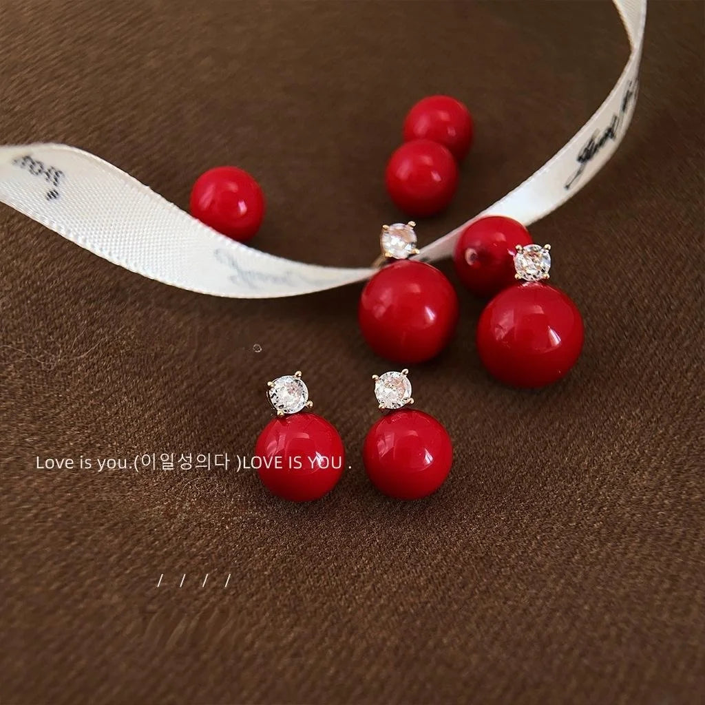 Elegant Glass Pearl Stud Earrings With Round Zircon, Copper Light Luxury Jewelry