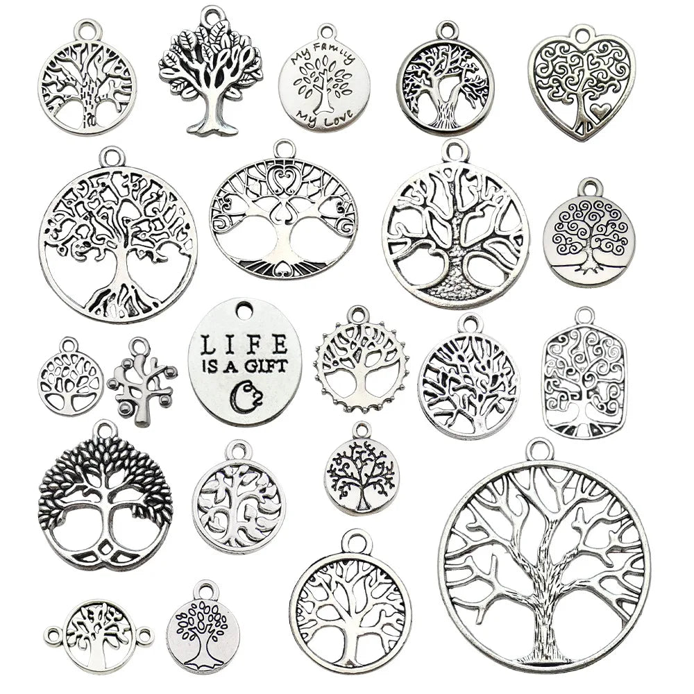 Antique Silver Zinc Alloy Hollow Tree of Life Bead for DIY Beaded Jewelry Making