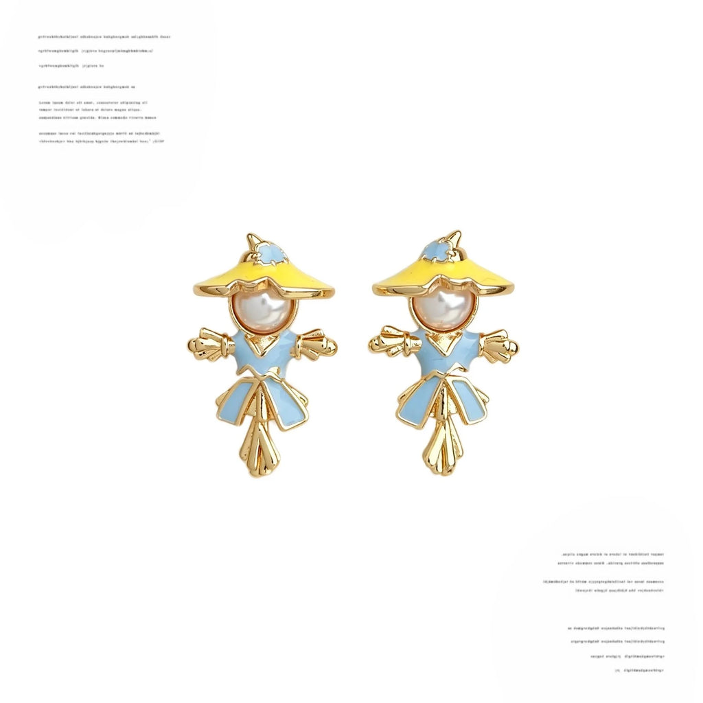 Niche Style Copper High Gloss Pearl Scarecrow Doll Enamel Hand Painted Stud Earrings