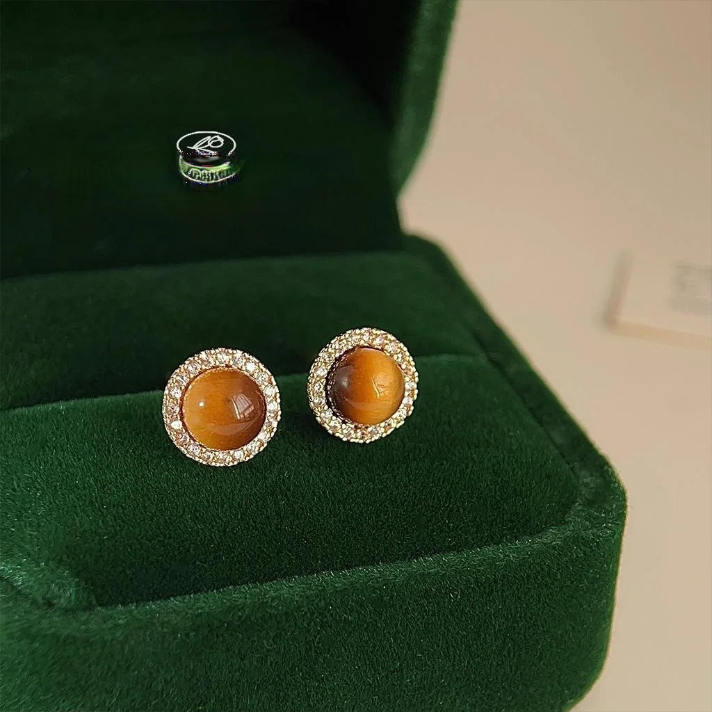 14K Gold Plated Copper Tiger Eye Zircon Round Geometric Stud Earrings Old Money Style