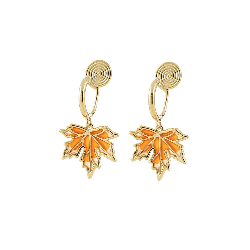 Elegant Chinese Style Gold Tone Enamel Maple Leaf Alloy Drop Stud & Clip On No Piercing Earrings