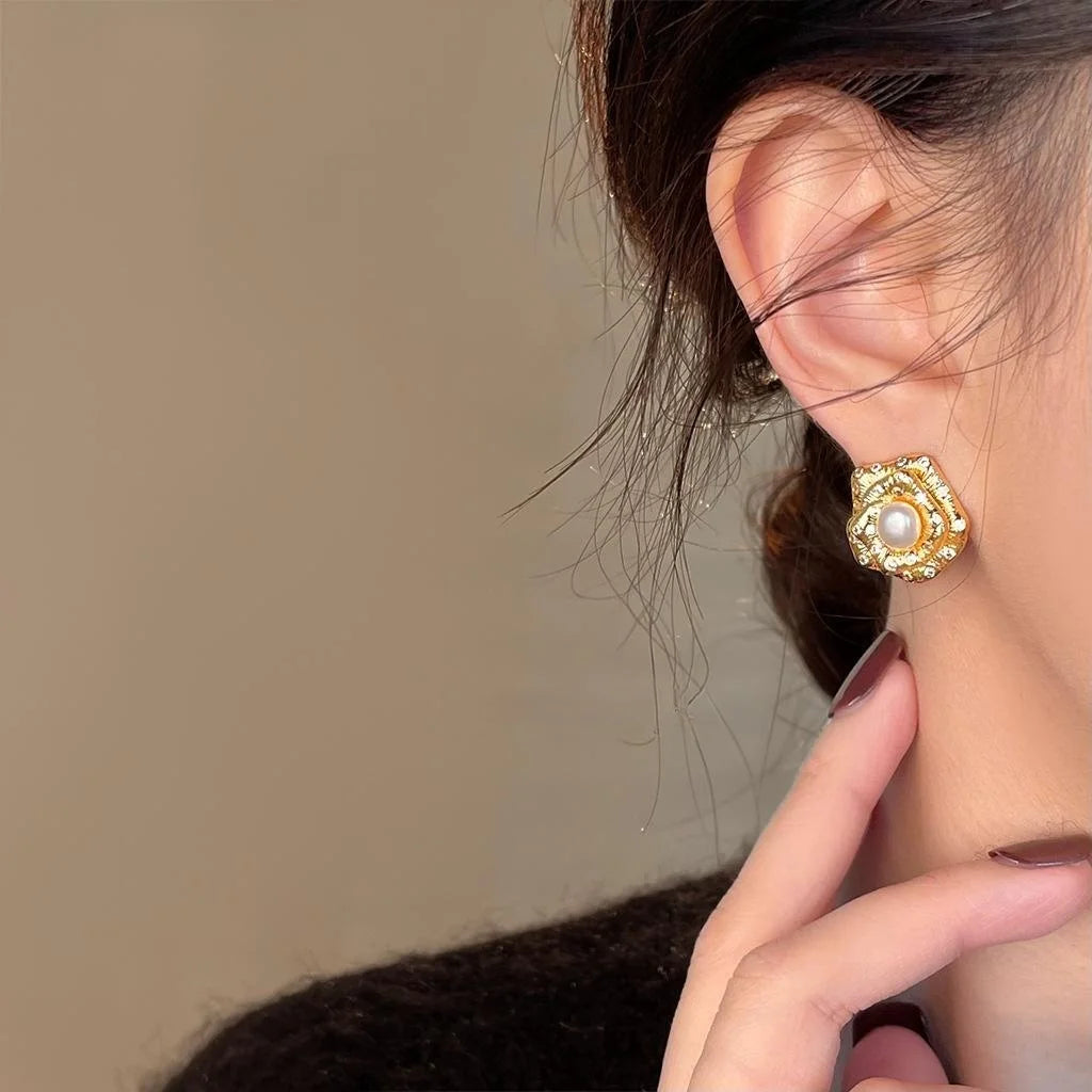 Light Luxury Copper Freshwater Pearl Zircon 3D Rose Stud Earrings For Women