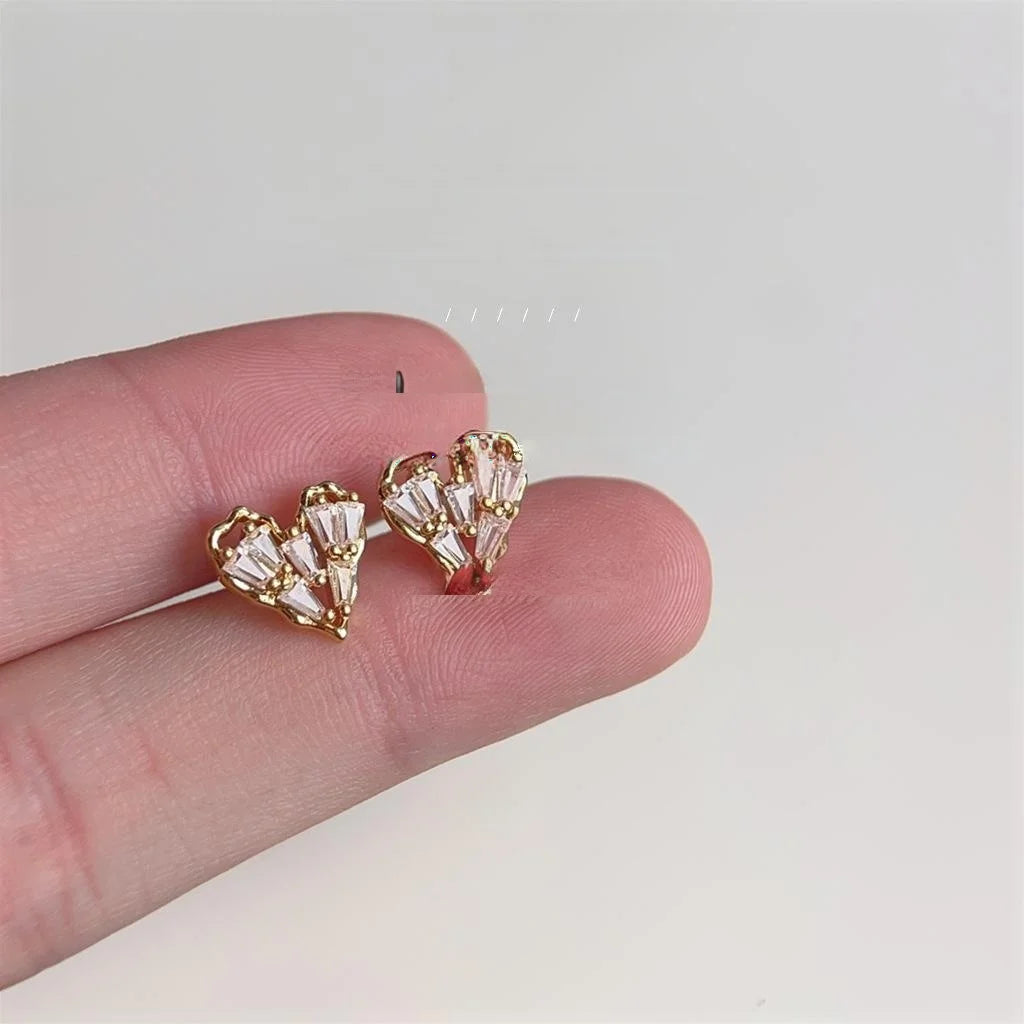 14K Gold Plated Copper Heart Zircon Micro Pave Stud Earrings For Women