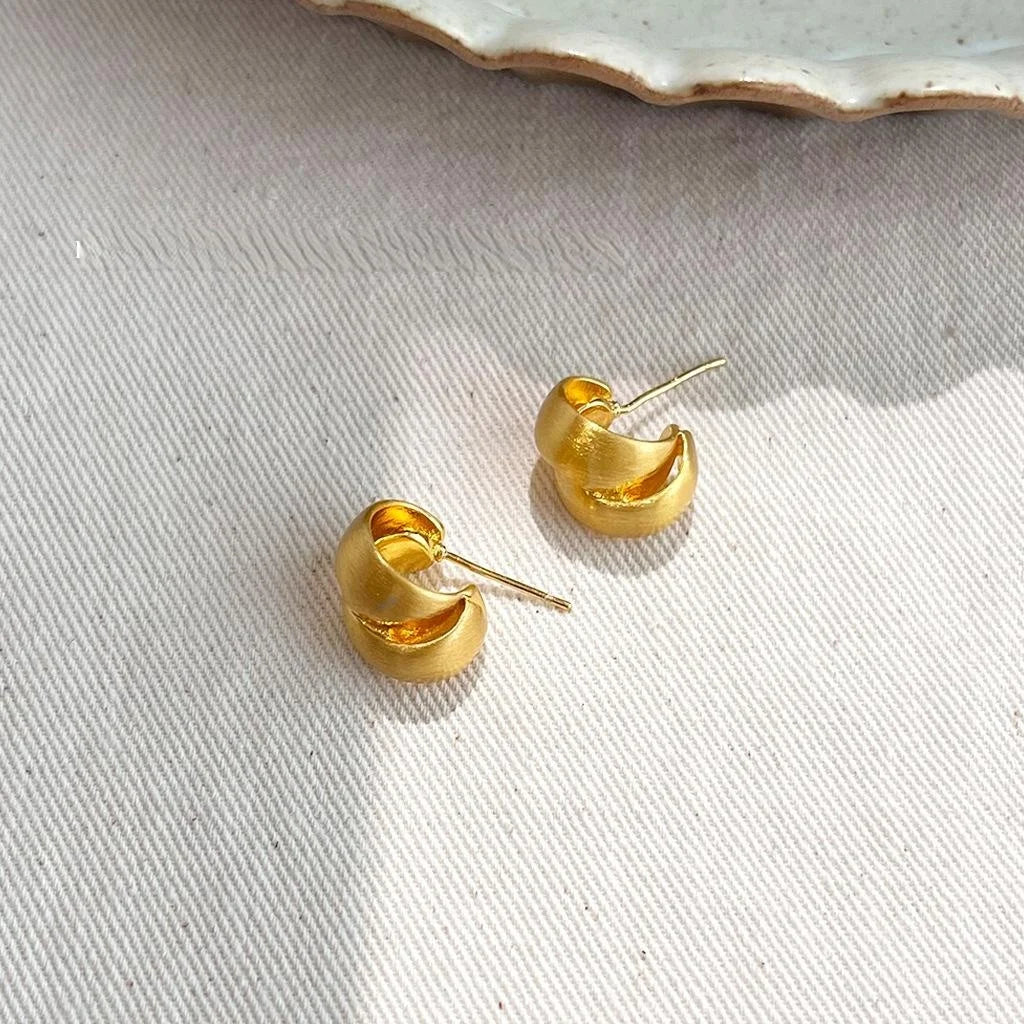 Light Luxury 14K Plated Copper Brushed Matte Geometric Double Ring Stud Earrings