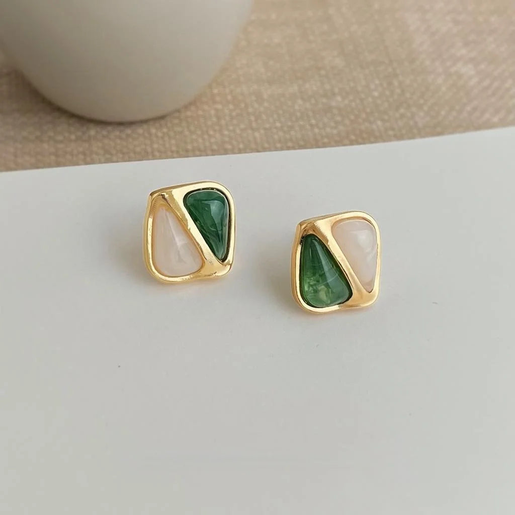 French Vintage Two-Tone Green Geometric Square Copper Stud Earrings For Women