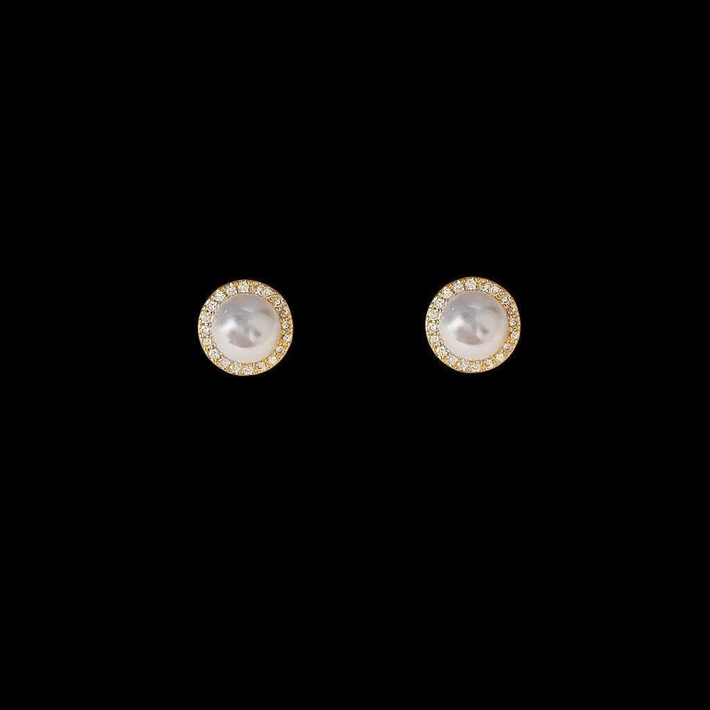 14K Plated Copper Round Geometric Micro Pave Zircon Stud Earrings