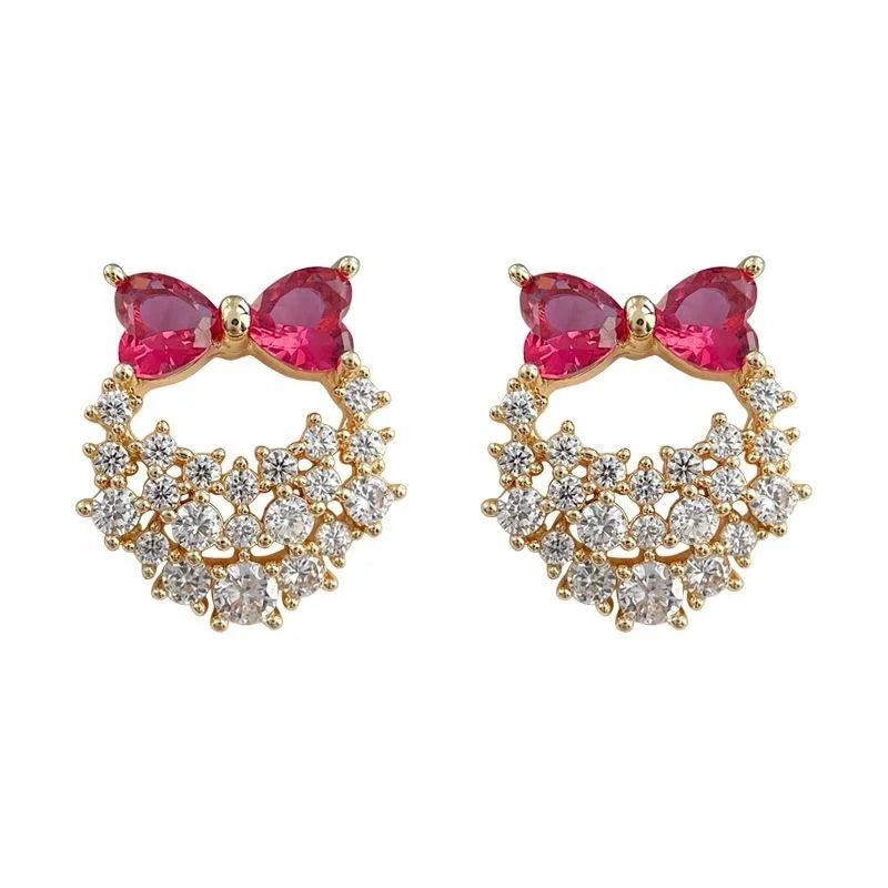 Sweet Princess Copper Micro Pave Zircon Bow Handbag Stud Earrings Rose Red Luxury Jewelry