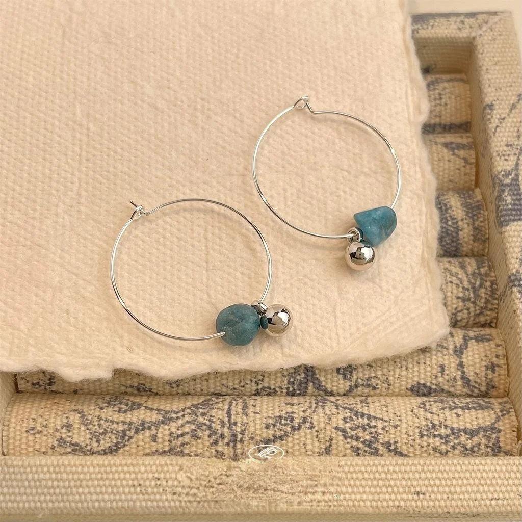 Minimalist Natural Apatite Stone Hoop Earrings Handmade New Chinese Geometric Round Designer Jewelry