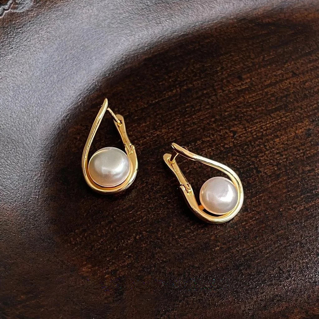 14K Gold Plated Copper Freshwater Pearl Teardrop Drop Earrings Elegant Minimalist Geometric Jewelry