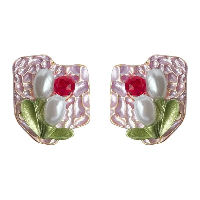 Monet Garden French Vintage Tulip Flower Stud Earrings With Pearl And Glass Crystal