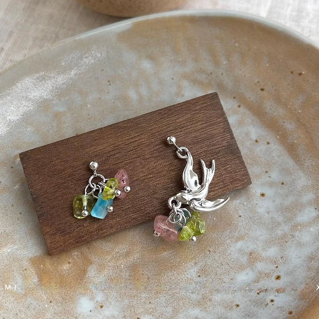 Forest Style Natural Strawberry Quartz Asymmetric Bird Drop Earrings Original Jewelry