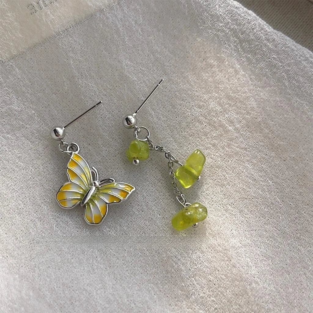 Handmade Forest Style Asymmetric Butterfly Copper Peridot Drop Earrings For Women
