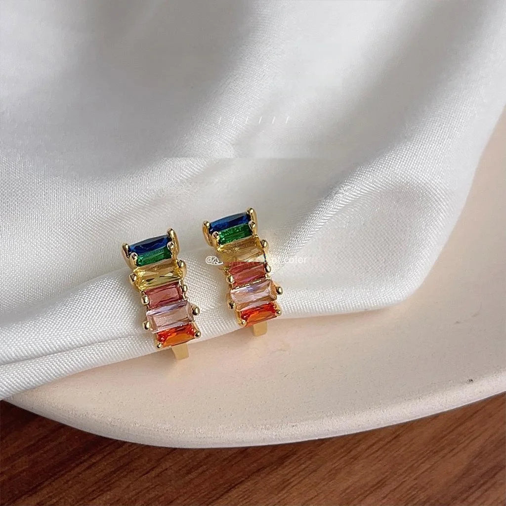 Copper C Shaped Hoop Earrings Non Pierced Clip On Colorful Zircon Korean Minimalist Jewelry