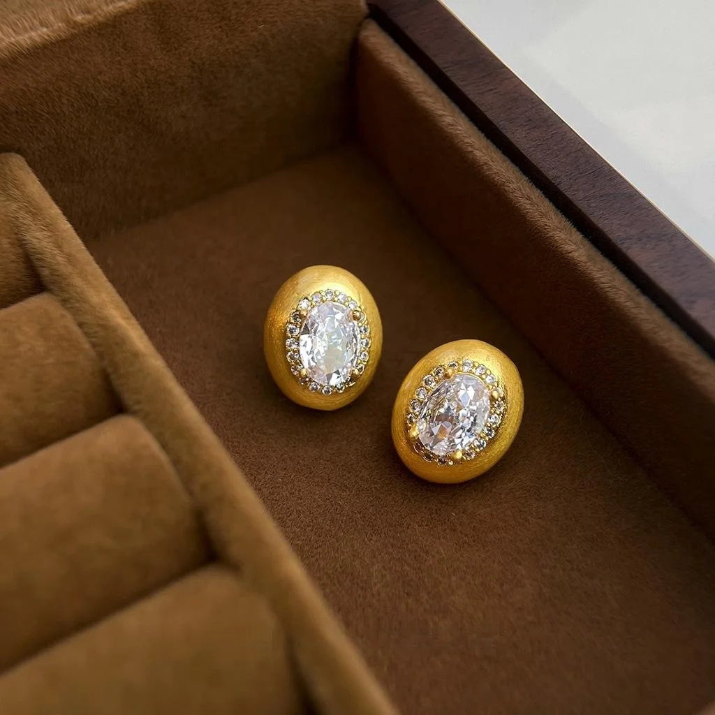 14K Gold Plated Copper Oval Geometric Micro Pave Zircon Stud Earrings, Brushed Light Luxury
