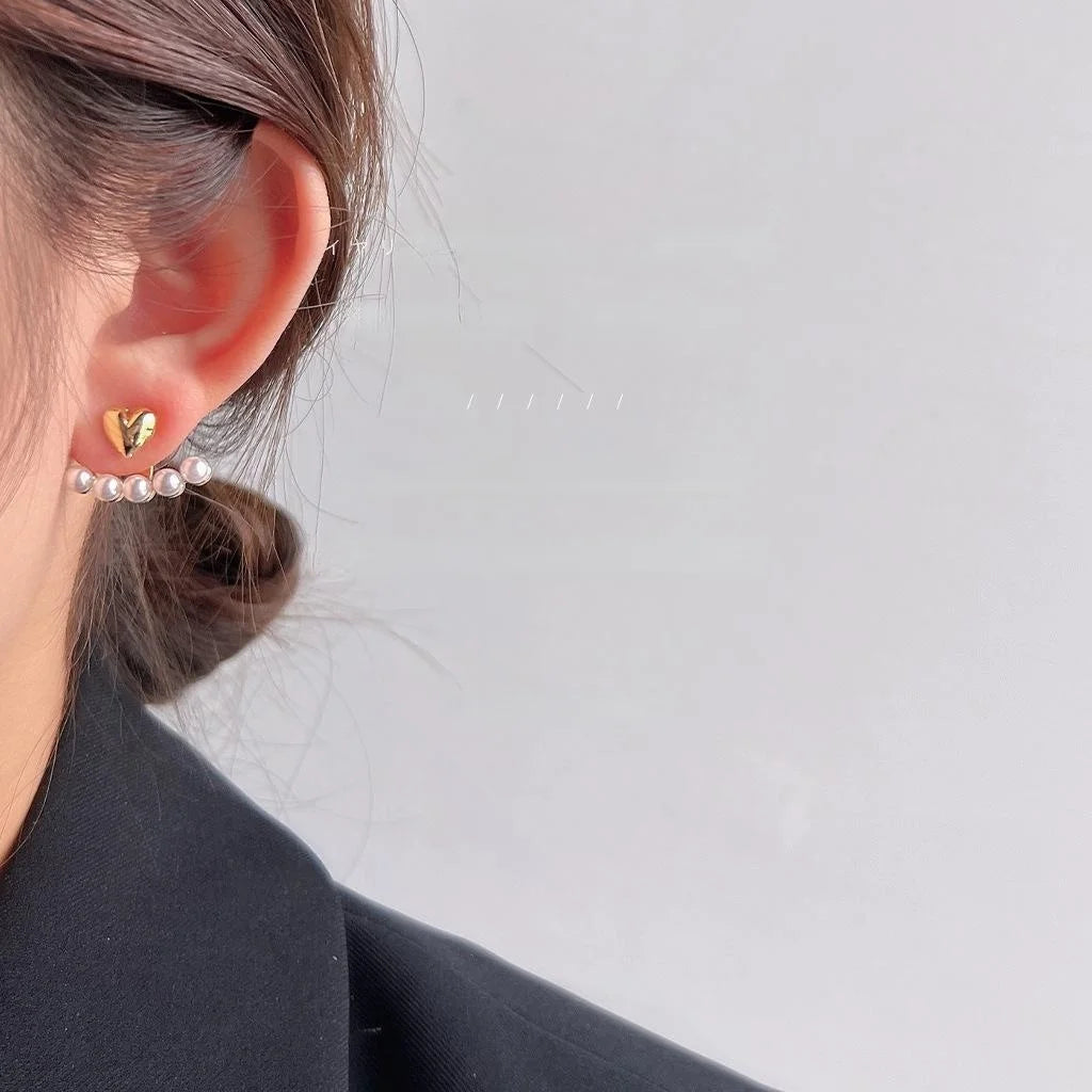14K Plated Copper Heart Pearl Stud Earrings For Women, Korean Minimalist Two-Way Ear Jewelry