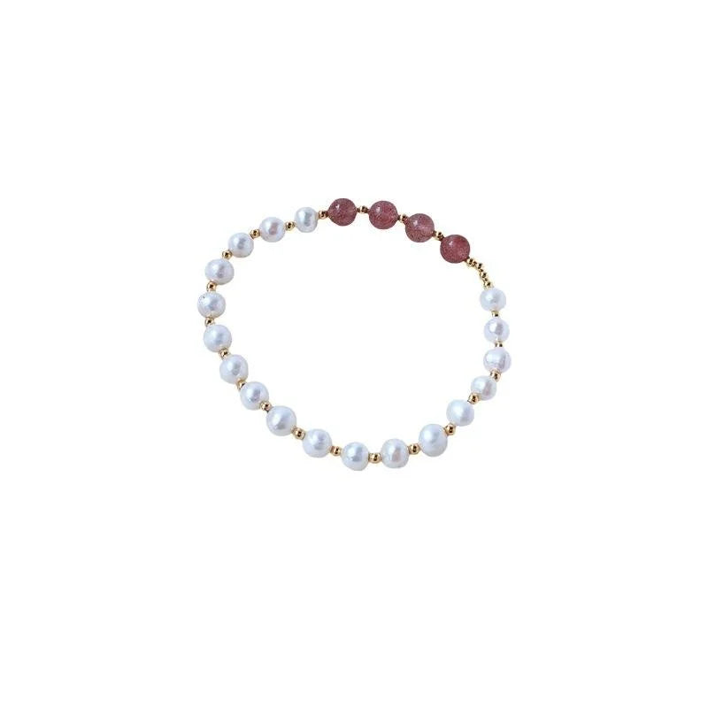 Korean Style Natural Freshwater Pearl Strawberry Quartz Geometric Ring Adjustable Bracelet