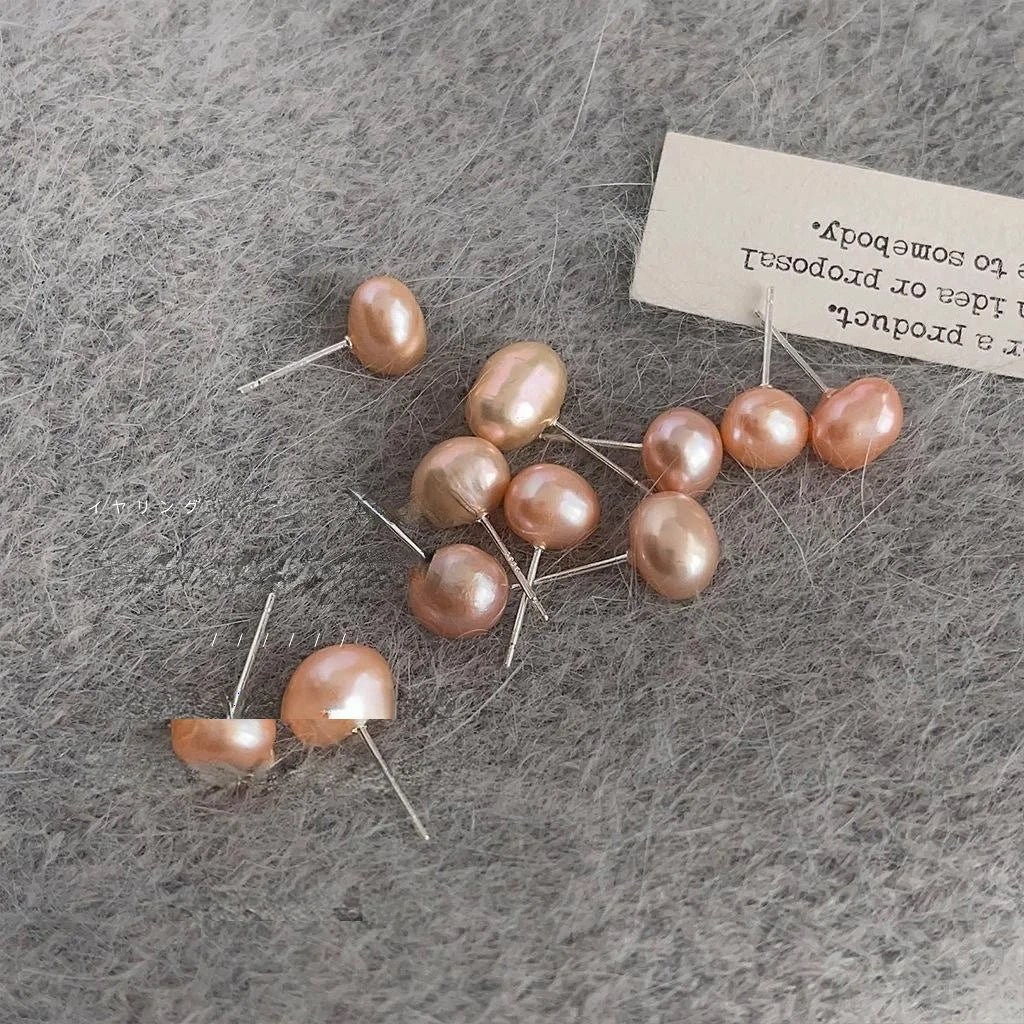 Light Luxury Baroque Pink Freshwater Pearl Stud Earrings, Irregular Geometric Single Pearl Design