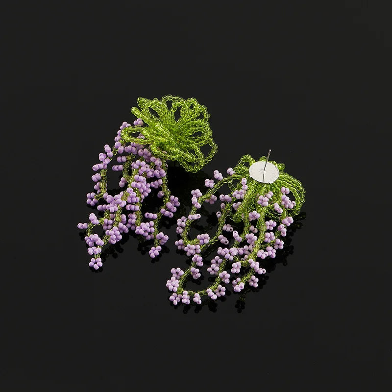 Elegant Beaded Wisteria Flower Tassel Crystal Leaf Stud & Clip On No Piercing Long Drop Earrings