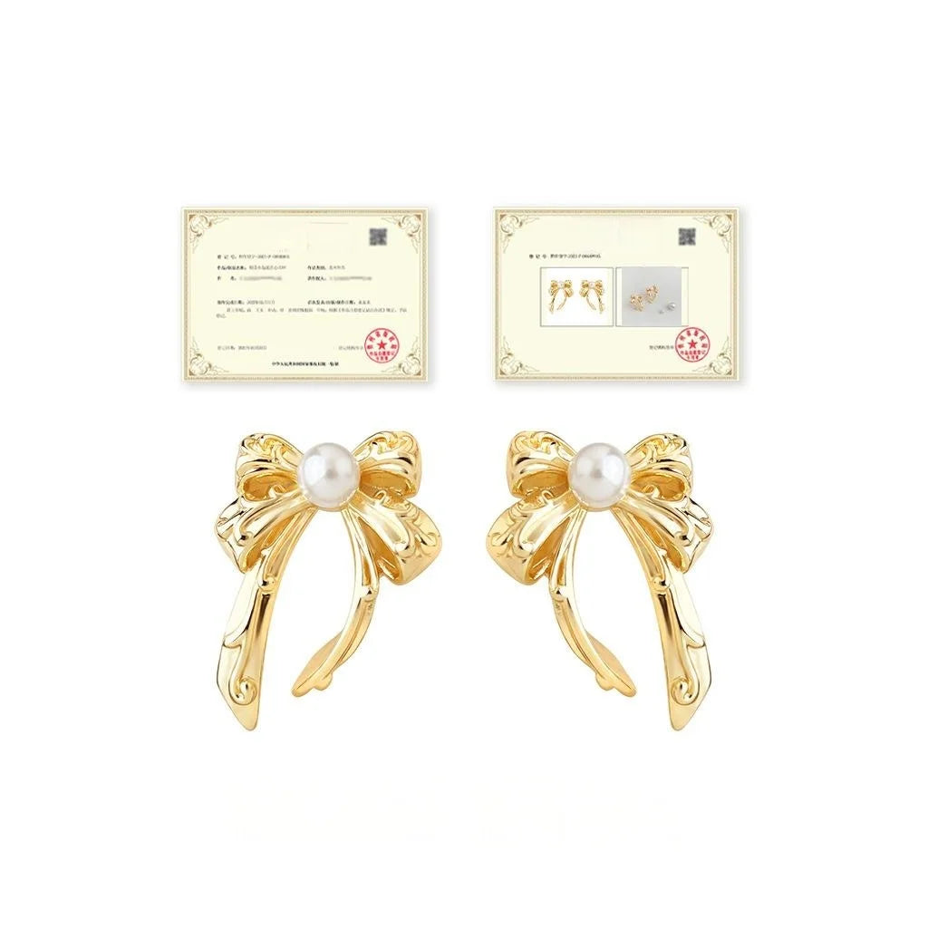 Elegant Copper Pearl Bow Stud Earrings, Sweet Minimalist Designer Office Jewelry