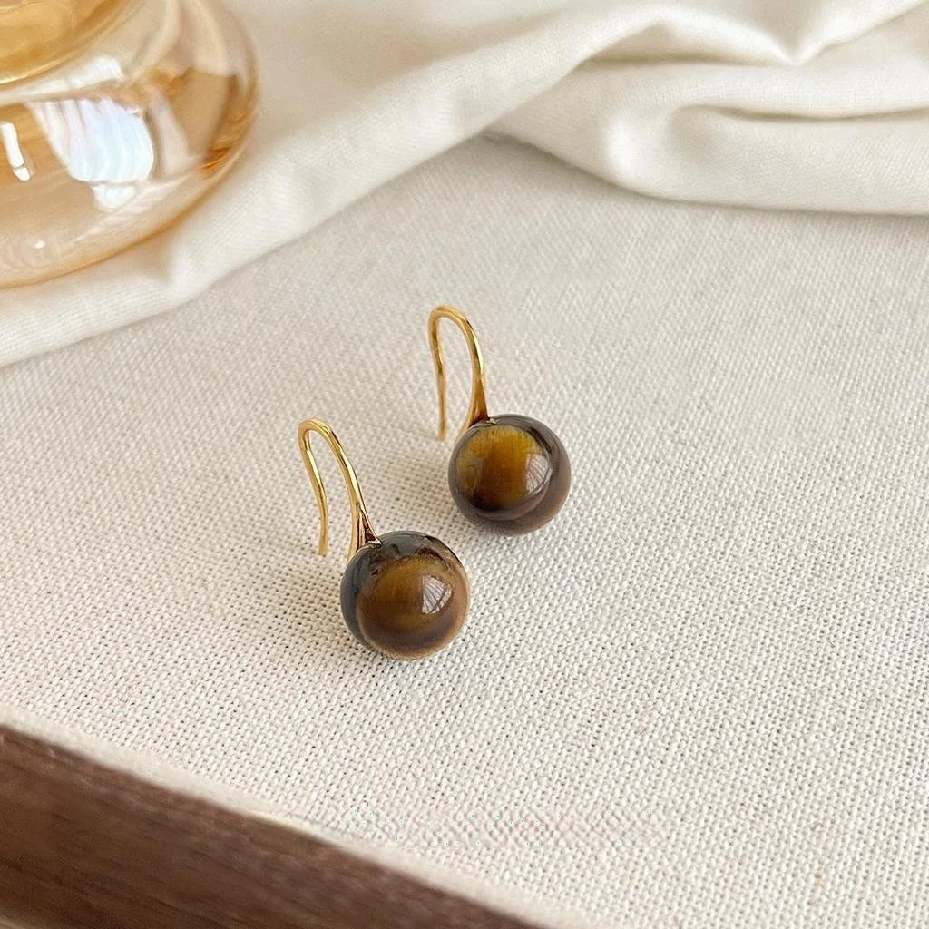 14K Plated Tiger Eye Round Geometric Ball Drop Earrings For Women Minimalist Commuter Jewelry