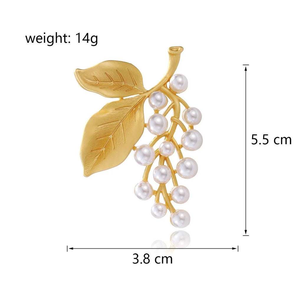 Luxury Matte Gold Alloy Grape Vine Brooch With Faux Pearl Clusters, Elegant Lapel Pin Suit Accessory Gift