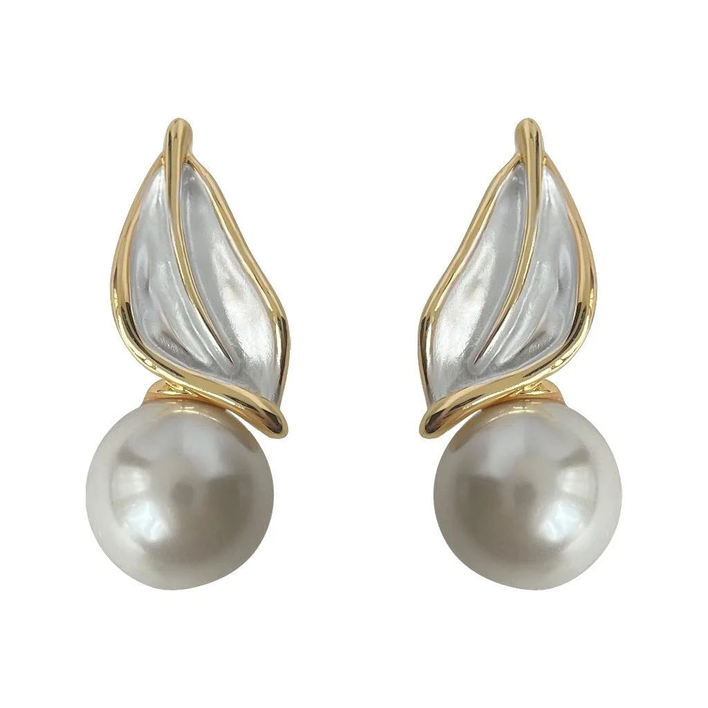 Sweet Forest Style Copper Glass Pearl Leaf Stud Earrings For Women Elegant Geometric Jewelry