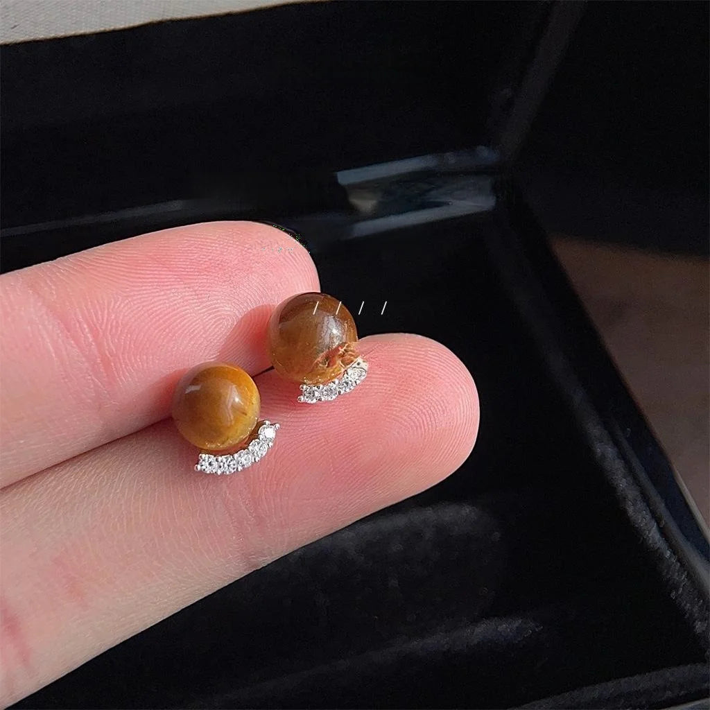 Maillard Style Tiger Eye Stone Stud Earrings With Zircon Micro Pave Round Geometric French Jewelry