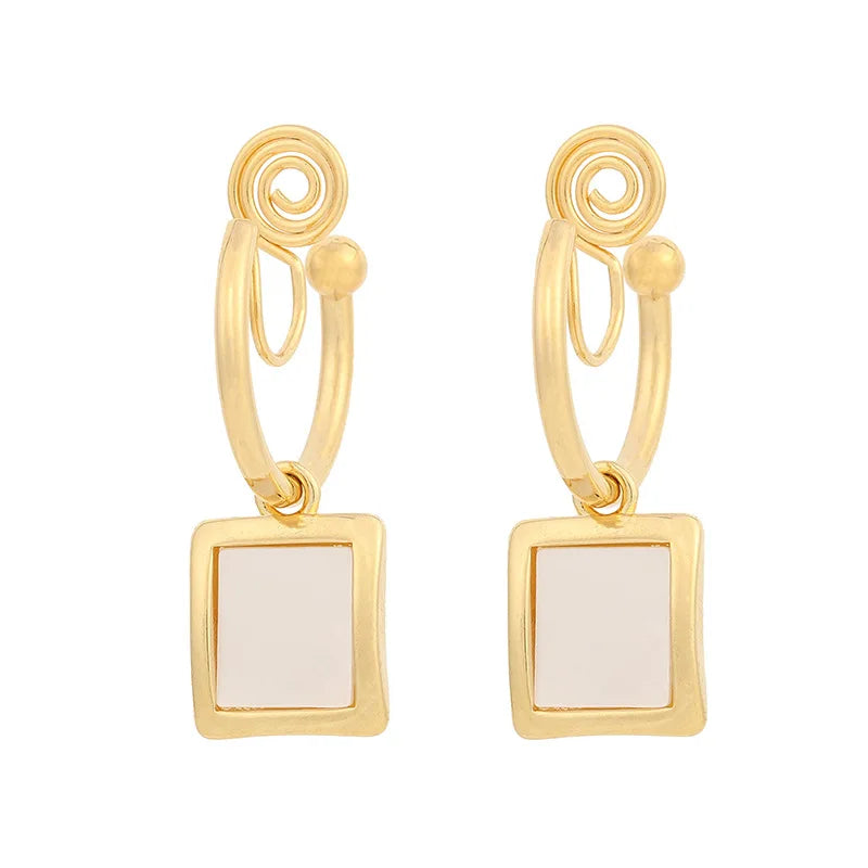 Elegant Gold Alloy Spiral Hoop Square Natural Shell Stud & Clip On No Piercing French Style Earrings