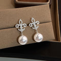 Light Luxury Iris Flower Copper Glass Pearl Micro Pave Zircon Geometric Drop Earrings