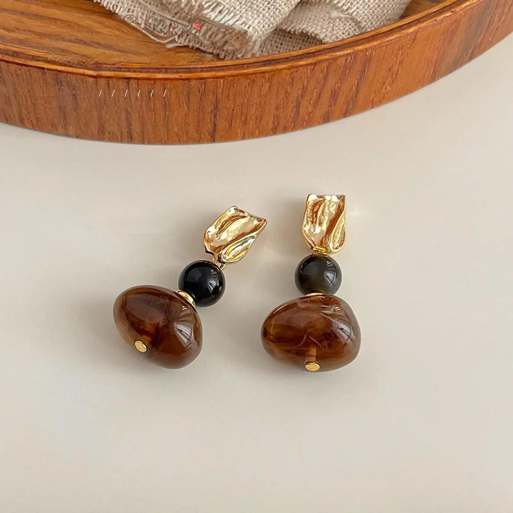 Vintage Maillard Style Obsidian Resin Irregular Geometric Handmade Drop Earrings