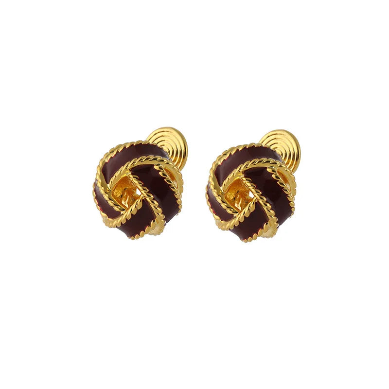 Vintage Red Enamel Concentric Knot Alloy Stud & Clip On No Piercing Luxury Holiday Earrings