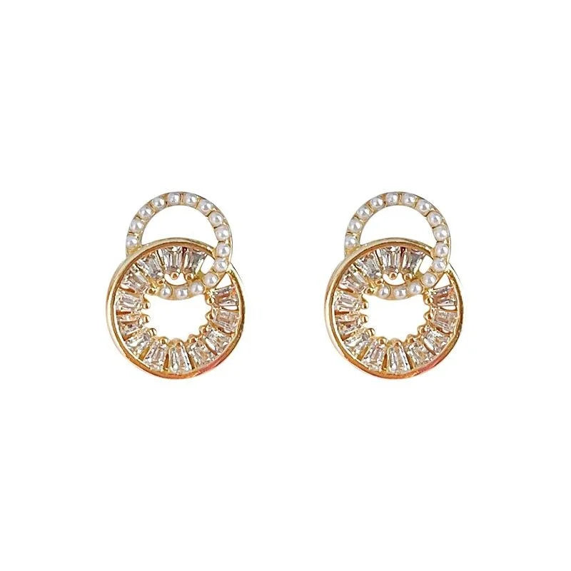 14K Gold Plated Copper Geometric Round Zircon Micro Pave Stud Earrings Minimalist Luxury