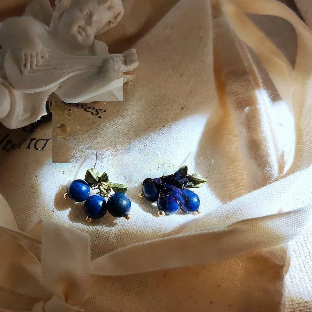 Vintage Artsy Lapis Lazuli Stud Earrings Handmade Silver Plated Textured Minimalist Jewelry