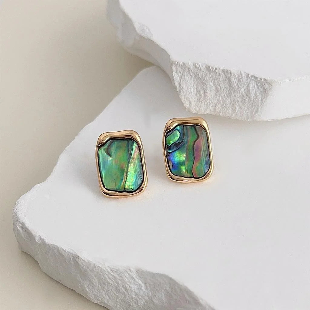 French Vintage 14K Gold Plated Copper Abalone Shell Rectangle Geometric Stud Earrings