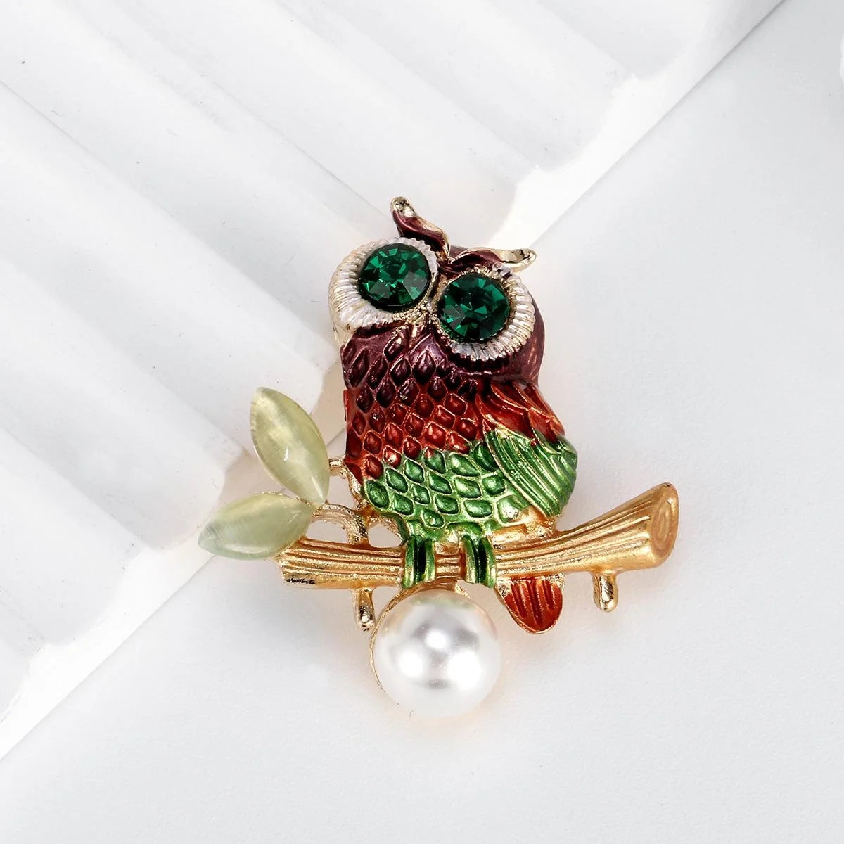Cute Colorful Enamel Owl Brooch With Green Rhinestone Eyes And Pearl Drop, Elegant Lapel Pin Gift