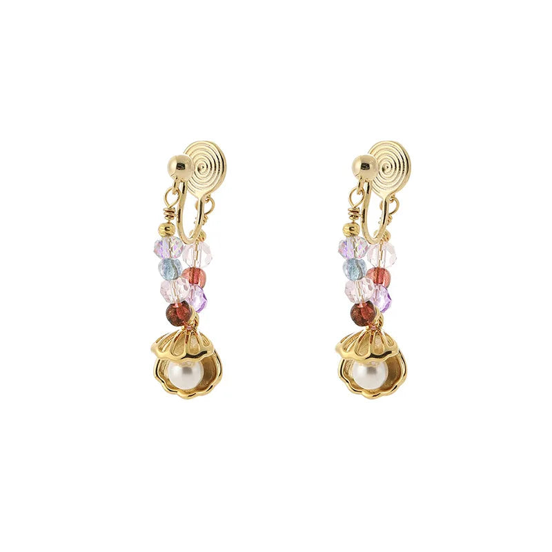 Elegant Colorful Crystal Beaded Hoop With Shell Pearl Pendant Stud & Clip On No Piercing Earrings