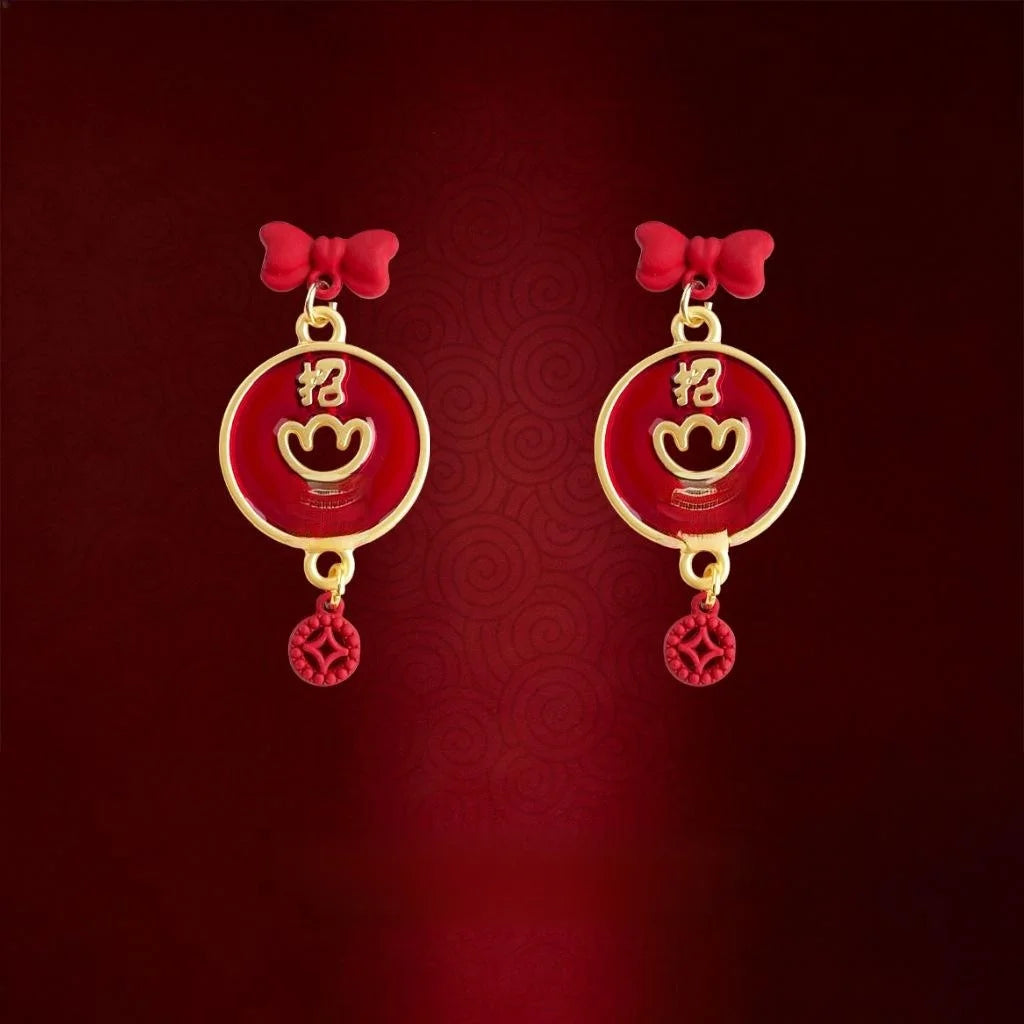 Year Of Horse Chinese Style Red Enamel Copper Ingot Bow Geometric Drop Earrings