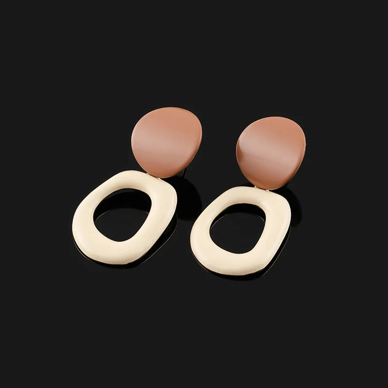 Elegant Vintage Milk Tea Enamel Alloy Round Disc Hollow Oval Drop Stud & Clip On No Piercing Earrings