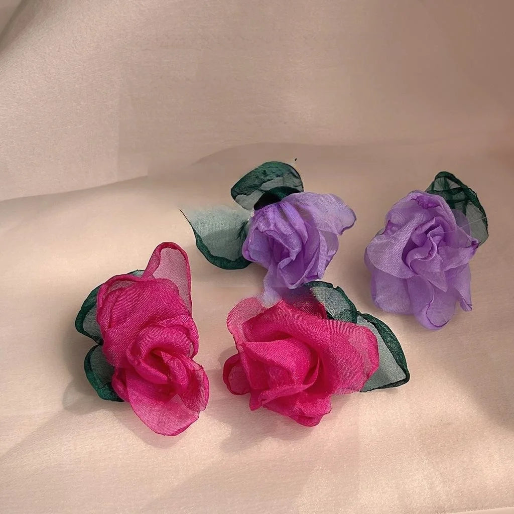 Forest Fairy Fabric Mesh Rose Flower Stud Earrings Silver Plated Pin Sweet Statement Jewelry