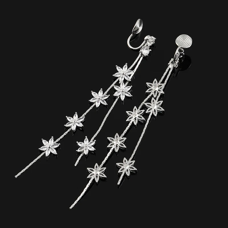 Elegant Rhinestone Flower Tassel Bridal Long Drop Stud & Clip On No Piercing Wedding Earrings